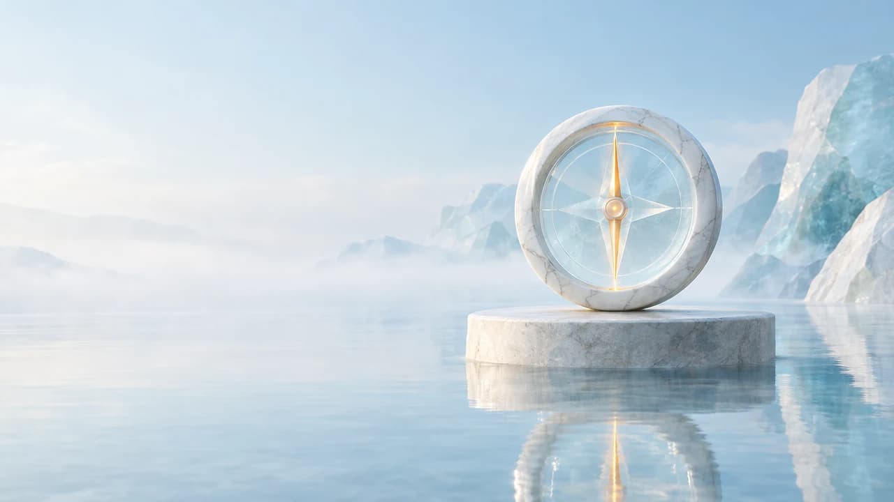 A compass of veined white marble and frosted glass with an amber needle stands on a stone plinth in still, misty water.