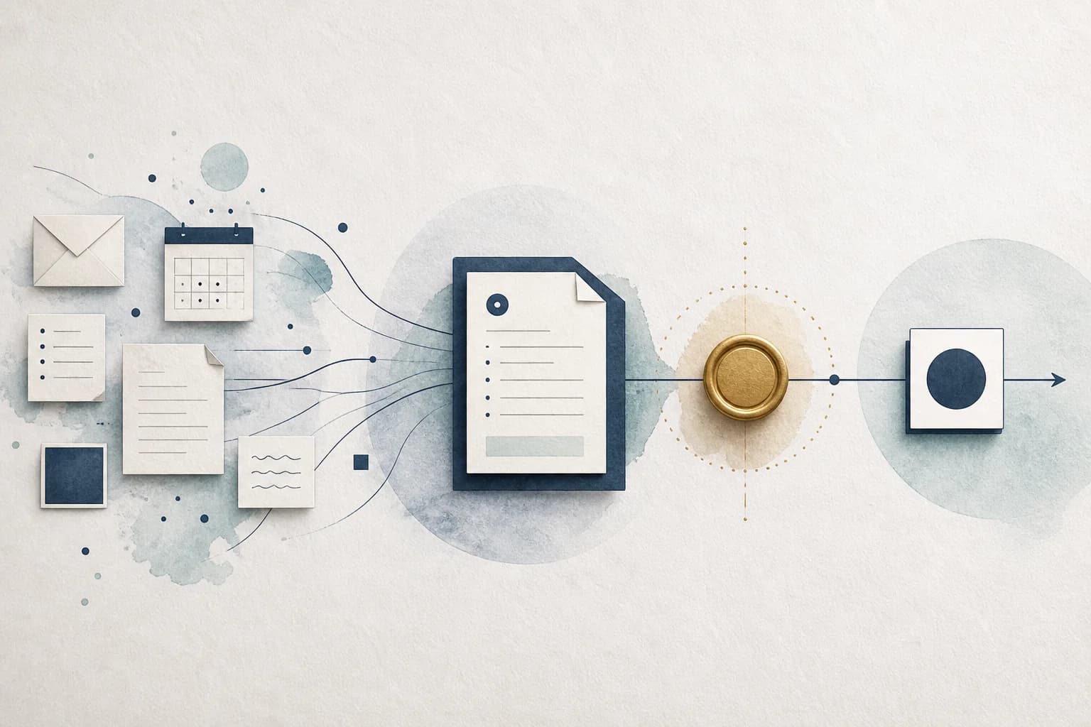 Scattered work becomes one prepared package, pauses for human review, and leaves as an approved action.