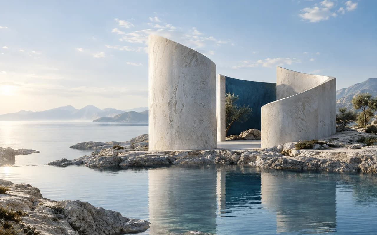 Curved limestone walls stand beside still coastal water, with gaps that let daylight into a deep-blue inner court.