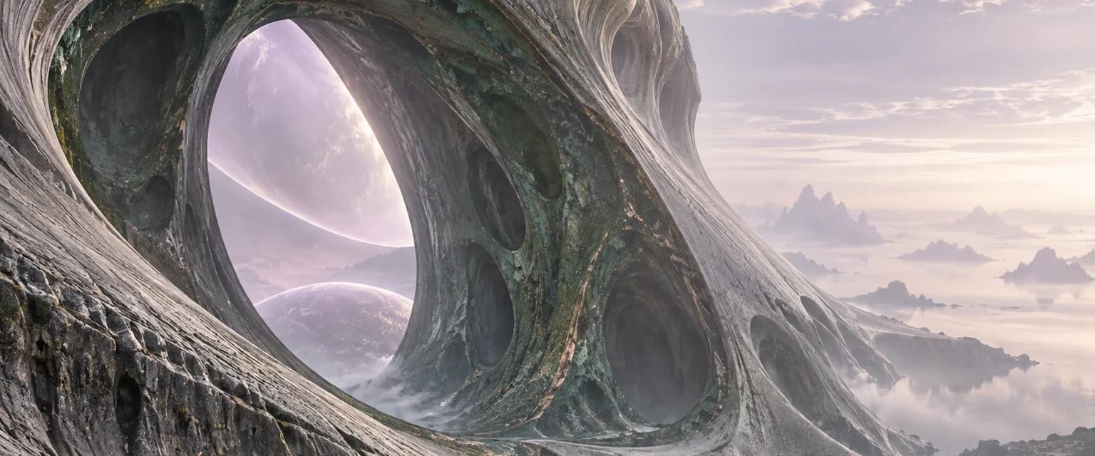 A sweeping arch of weathered stone with green-veined hollows opens onto a misty sea of small islands under a pale lilac sky.