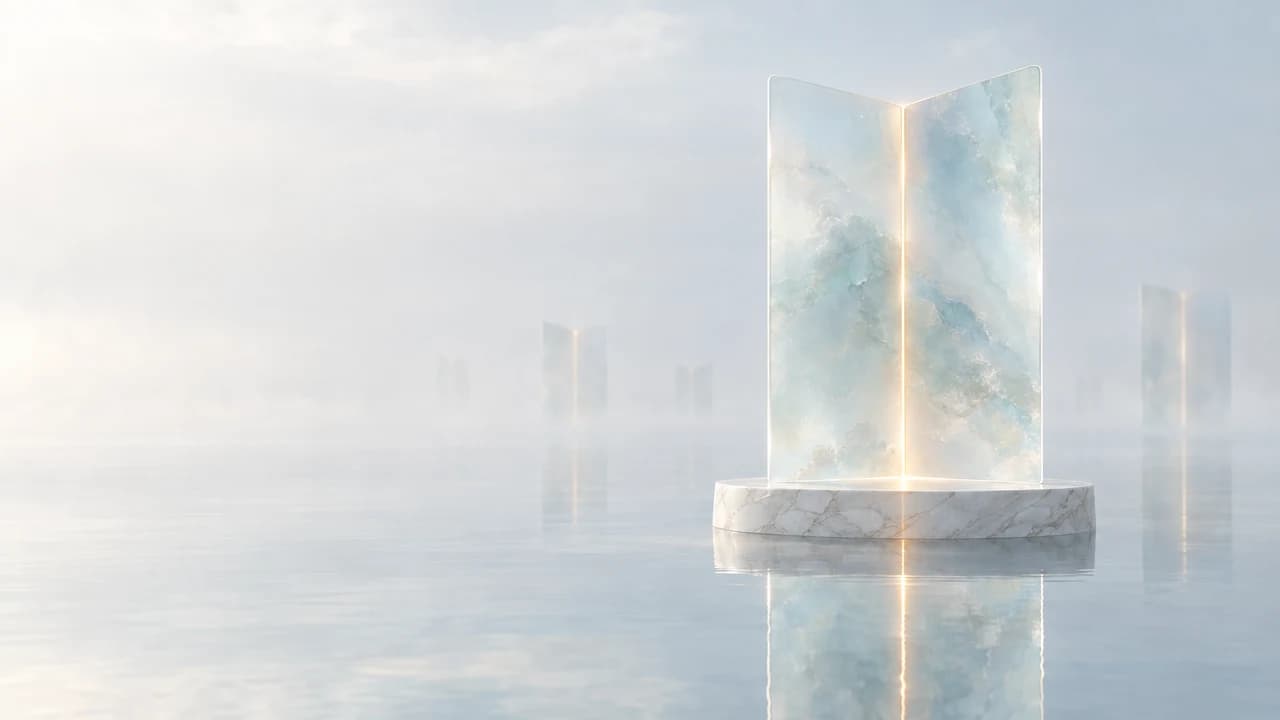 A tall sheet of opaline glass, folded once like an open page with a glowing amber seam, stands on a marble plinth in still, misty water while fainter sheets fade into the haze.