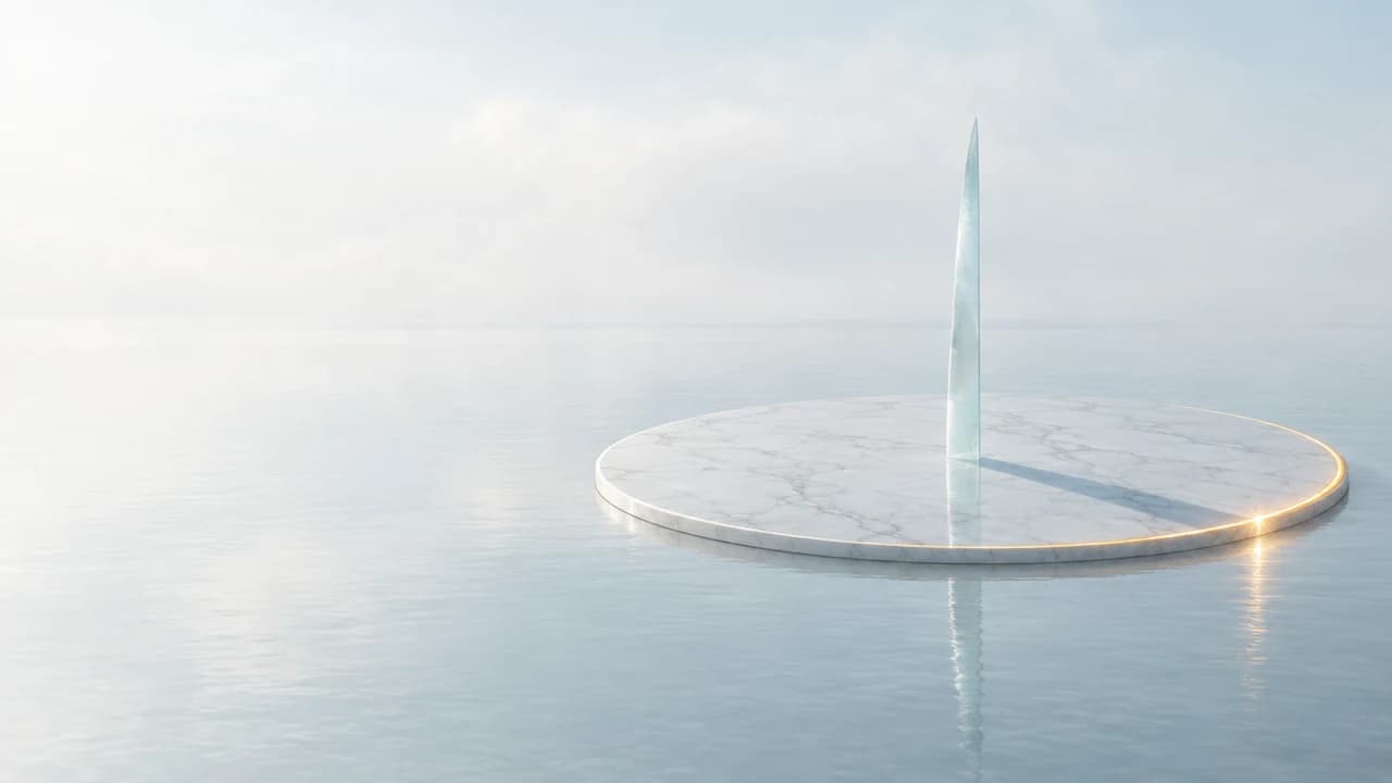 A wide disc of white veined marble lies almost flush with still, misty water, a slender frosted-glass blade at its centre casting a soft shadow, and an amber glow runs along one stretch of the rim.