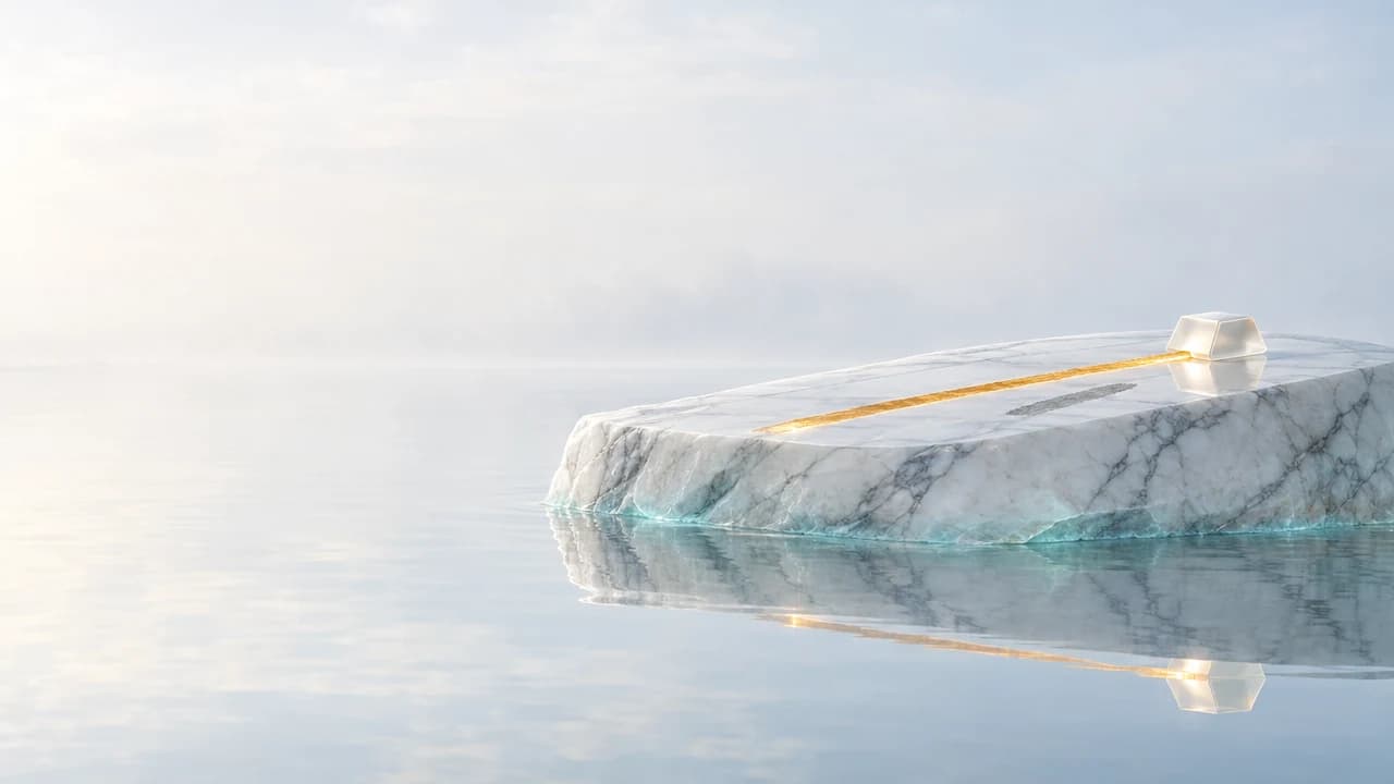 A long slab of white veined marble rises from still, misty water, a bright amber streak drawn across its top beside one dull grey mark, with a small frosted-glass ingot at the end.