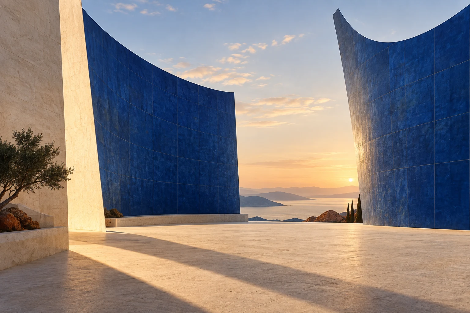 Sweeping cobalt walls frame a sunlit courtyard and an open coastal horizon.